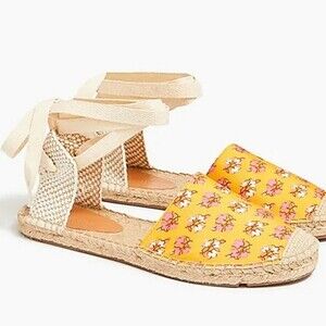 J. CREW FACTORY Yellow Floral Printed Canvas Ankle-Wrap Flat Espadrille Sandals